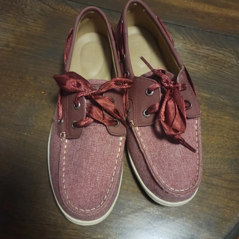 Sperry Womens Size 8.5 Koifish Sparkle Chambray Boat Shoes Red Canvas Slip On